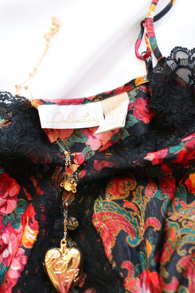 Image of Vintage 80s Delicates Red Rose and Paisley Brocade Onesie (Large)