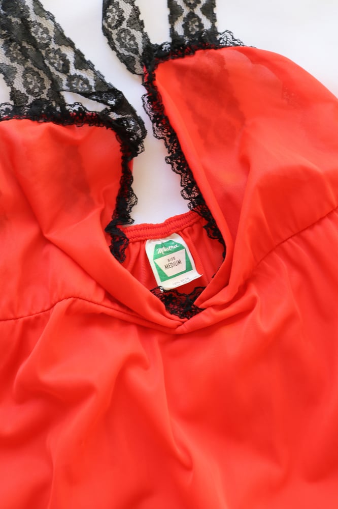 Image of Vintage 1970s Mistra Ravishing Red Nightgown with Black Lace (Medium)