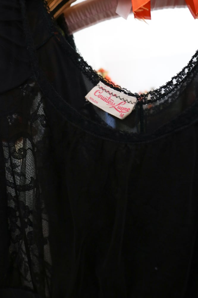 Image of Vintage 1940s Countess Layne Black Sheer Slip with Floral Lace (Medium)