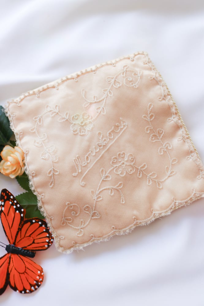 Image of Sweet Vintage Maiden Name Silky Peachy Nude Lingerie Bag 