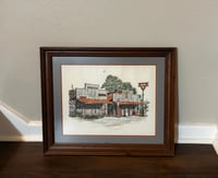 Image 1 of Vintage (1978) Conoco Gas Station & Feed Store Framed Watercolor - Limited Edition