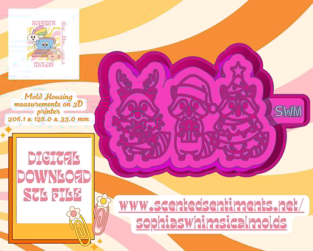 Image of Cute Christmas Raccoons Mold|Housing MoldMakerSTLFile for Freshies|Candle|Aroma Beads|Freshie Mold