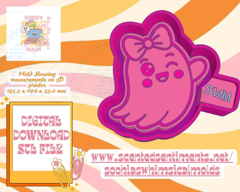 Image of Cute Ghost with Bow Mold|Housing Mold Maker STL File for Freshies|Candle|Aroma Beads|Freshie Mold