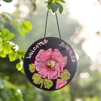 Image 3 of Hollyhock and Bee - Round Painted Slate (202501SL)