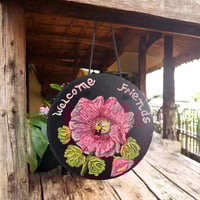 Image 4 of Hollyhock and Bee - Round Painted Slate (202501SL)