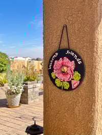 Image 2 of Hollyhock and Bee - Round Painted Slate (202501SL)