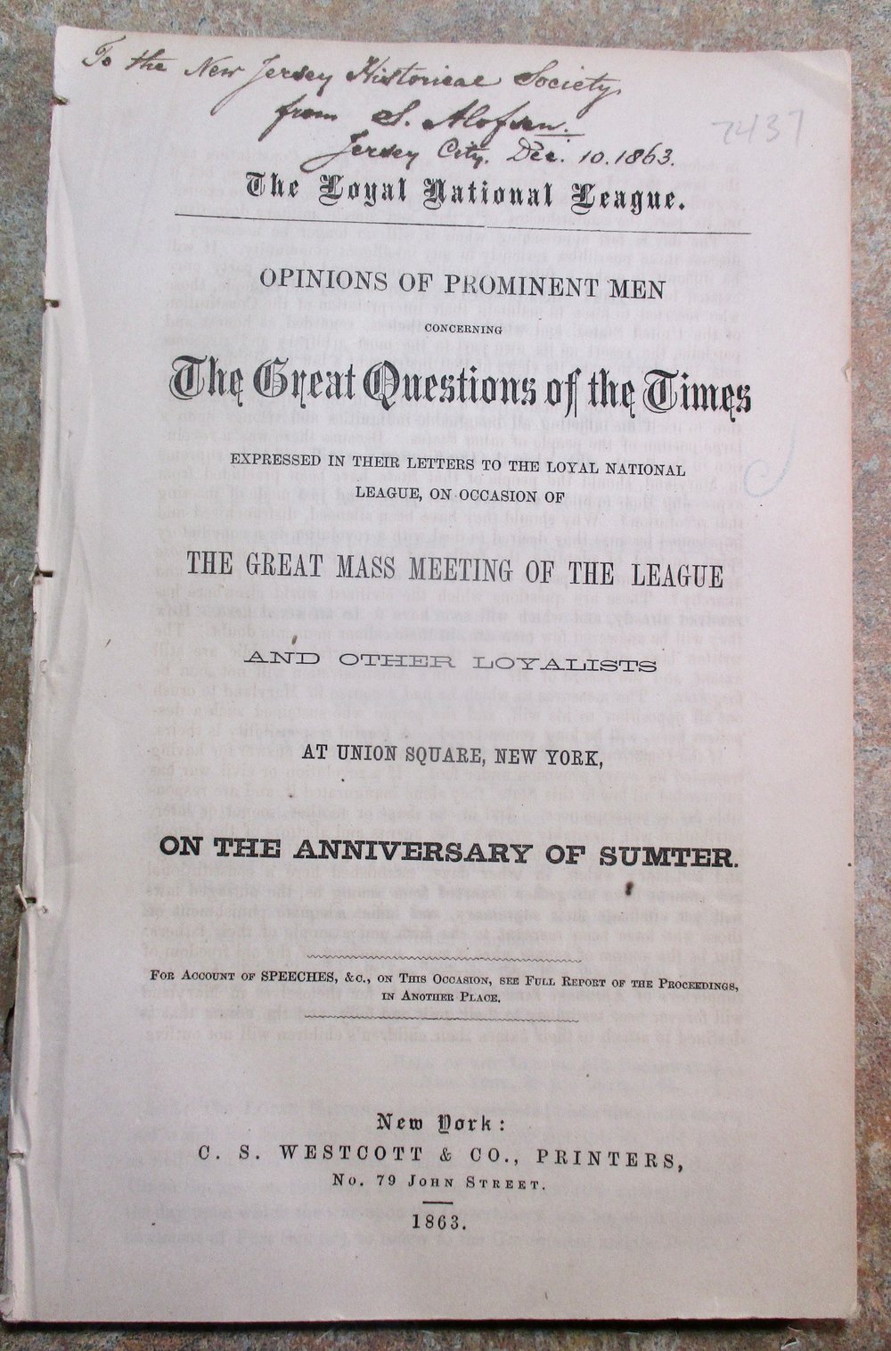 #127-CIVIL WAR SALE: MEETING OF THE LOYAL NATIONAL LEAGUE ON ANNIVERSARY OF BOMBARDMENT OF SUMTER