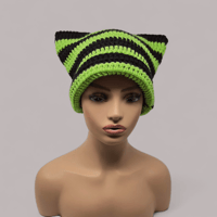 Image 1 of Cat Ear Beanie - Leaf Green and Black 