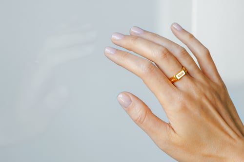 Image of gold plated silver hexagon ring with inscription in Latin