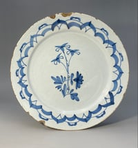 Image 1 of Eighteenth Century English Delftware Plate with Lotus Flower Boarder; London, c.1720.
