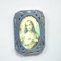 Image 4 of Cadre Art déco religieux ancien en étain - Sacré-Cœur de Jésus - cadre vintage 1930
