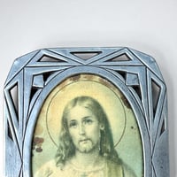 Image 6 of Cadre Art déco religieux ancien en étain - Sacré-Cœur de Jésus - cadre vintage 1930