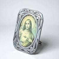 Image 1 of Cadre Art déco religieux ancien en étain - Sacré-Cœur de Jésus - cadre vintage 1930