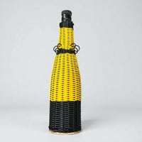 Image 1 of Bouteille longue en scoubidou jaune et noir vintage – carafe rétro 60s déco pop