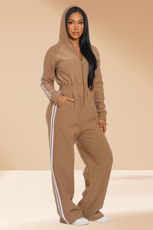 Image of Fleeced Hooded Jumpsuit (tan)
