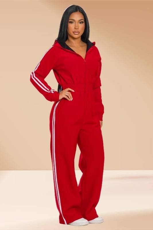 Image of Fleeced Hooded Jumpsuit (red)