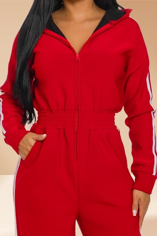 Image of Fleeced Hooded Jumpsuit (red)
