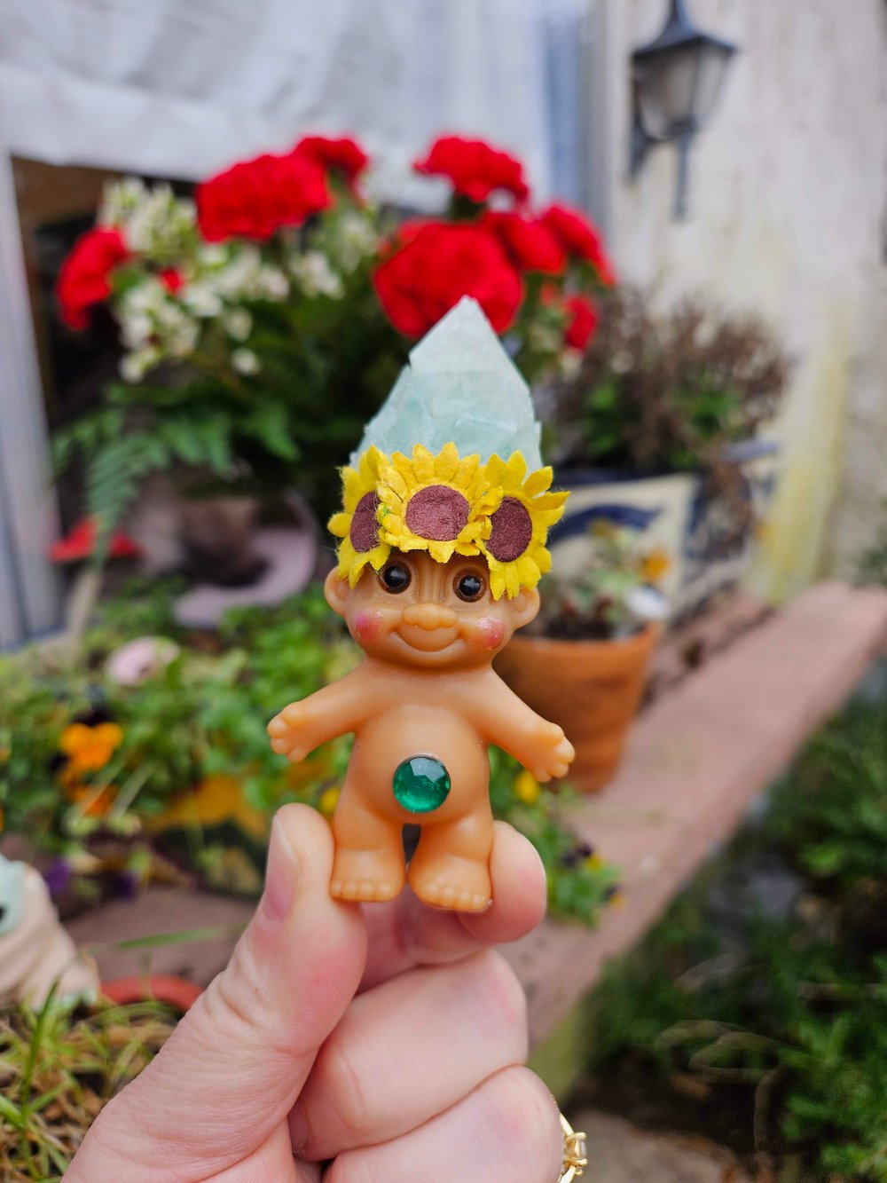 MADE TO ORDER: Green Calcite Crystal Troll Shorty with Sunflower Crown 4"