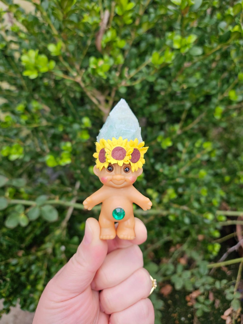 MADE TO ORDER: Green Calcite Crystal Troll Shorty with Sunflower Crown 4"