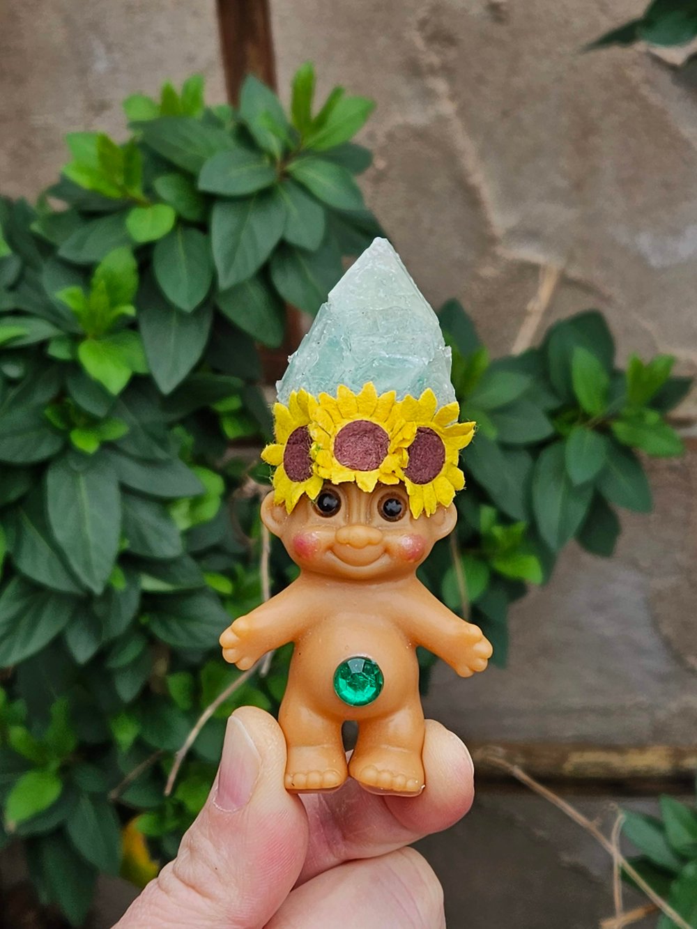 MADE TO ORDER: Green Calcite Crystal Troll Shorty with Sunflower Crown 4"