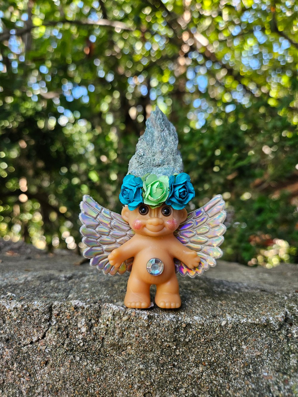 MADE TO ORDER: Fuchsite Crystal Troll Shorty with Aura Wings and Flower Crown 3.5"55"