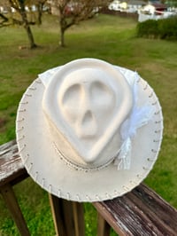 Image 1 of “Whispering Betrothed” Skull Shaped Bridal Cowboy Hat with Tooled Paisley Leather