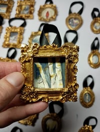 Miniature Original Painting: Rustic Birch Trunks Art Ornament - Vintage Gold Frame