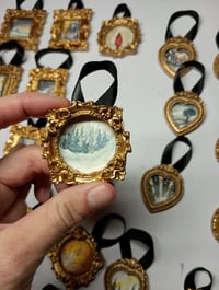 Miniature Original Painting: Snowy Forest Trees Art Magnet & Ornament - Vintage Gold Frame