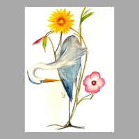 Image 1 of  Great Blue Heron floral, original fine art watercolor painting