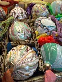 Image 3 of Box of 12 small hand marbled ceramic baubles with vintage style silky ribbons 