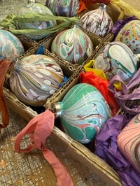 Image 2 of Box of 12 small hand marbled ceramic baubles with vintage style silky ribbons 