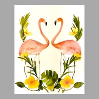 Image 1 of Pink Flamingos, retro fine art watercolor painting