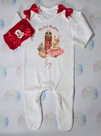 Image 1 of My 1st christmas bunny rabbit personlised babygrow set 
