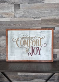 Image 1 of "Comfort & Joy" Distressed Wood Wall Art with Cherry Frame