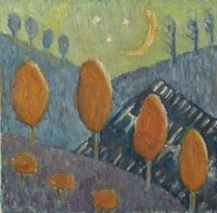 Image 1 of Trees and Parking Lot Under the Moon, 2025.  Oil on linen.  12 x 12 inches. Unframed with hanger.