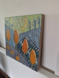 Image 2 of Trees and Parking Lot Under the Moon, 2025.  Oil on linen.  12 x 12 inches. Unframed with hanger.