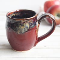 Image 9 of Deep Red and Brown Pottery Mug, 14 Ounce Handcrafted Coffee Cup, Made in USA