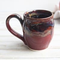 Image 6 of Deep Red and Brown Pottery Mug, 14 Ounce Handcrafted Coffee Cup, Made in USA