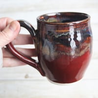 Image 5 of Deep Red and Brown Pottery Mug, 14 Ounce Handcrafted Coffee Cup, Made in USA