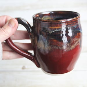 Image of Deep Red and Brown Pottery Mug, 14 Ounce Handcrafted Coffee Cup, Made in USA