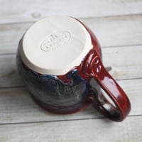 Image 10 of Deep Red with Melting Blue and Gold Glazed Pottery Mug, 13 Ounce Handcrafted Coffee Cup, Made in USA