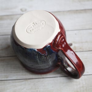 Image of Deep Red with Melting Blue and Gold Glazed Pottery Mug, 13 Ounce Handcrafted Coffee Cup, Made in USA