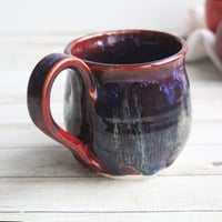 Image 5 of Deep Red with Melting Blue and Gold Glazed Pottery Mug, 13 Ounce Handcrafted Coffee Cup, Made in USA