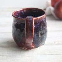 Image 4 of Deep Red with Melting Blue and Gold Glazed Pottery Mug, 13 Ounce Handcrafted Coffee Cup, Made in USA