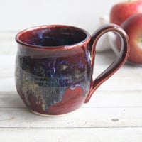 Image 2 of Deep Red with Melting Blue and Gold Glazed Pottery Mug, 13 Ounce Handcrafted Coffee Cup, Made in USA