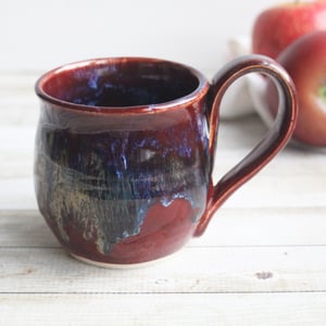 Image of Deep Red with Melting Blue and Gold Glazed Pottery Mug, 13 Ounce Handcrafted Coffee Cup, Made in USA