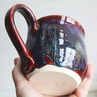 Image 8 of Deep Red with Melting Blue and Gold Glazed Pottery Mug, 13 Ounce Handcrafted Coffee Cup, Made in USA