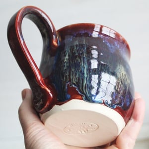 Image of Deep Red with Melting Blue and Gold Glazed Pottery Mug, 13 Ounce Handcrafted Coffee Cup, Made in USA