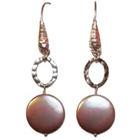 Image 1 of Cocoa Coin Pearl Earrings - Hammered Sterling Silver 
