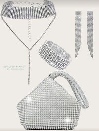 Image 2 of 4 pieces women rhinestones Choker Bracelet Earring Clutch Purses Jewelry Set Women Crystal 
